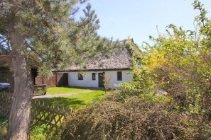 A single-story house with a thatched roof, surrounded by dense greenery and trees. - Beachfront House with Terrace and Garden - Ferienhaus Storchennest Haus L - (Wiek)