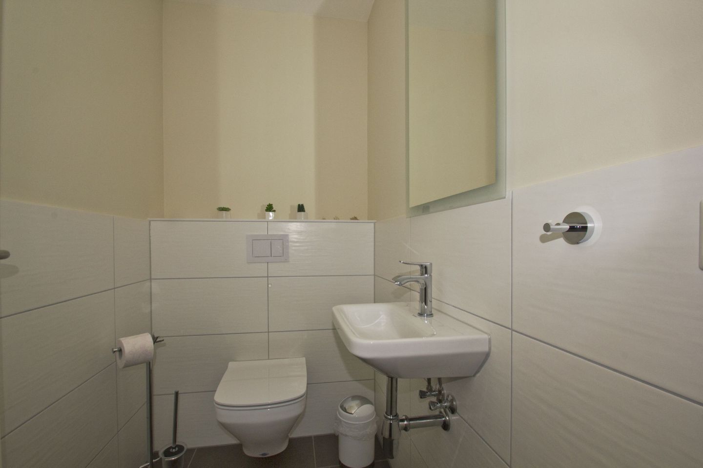 Een kleine, schone badkamer met toilet, wastafel en een spiegel boven de wastafel.