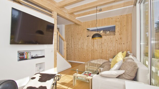 A modern living room with a wooden ceiling, a flat-screen TV, a sofa, a glass coffee table, and a bookshelf. - Vacation home Saga - close to the beach, modern house with own sauna, garden, terrace - (Wiek)