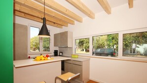A modern kitchen with wooden beams, a large window, and a fruit bowl on the counter. - Vacation home Saga - close to the beach, modern house with own sauna, garden, terrace - (Wiek)