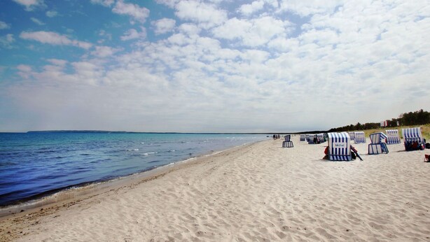 Une plage avec du sable, quelques chaises de plage et quelques personnes.