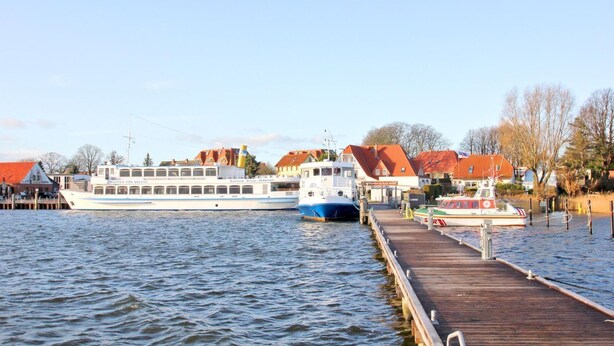 A riverfront with a dock, a large boat, and buildings with red roofs.
