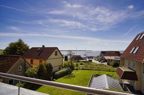 A residential area with houses, a grassy yard, and a view of the sea.