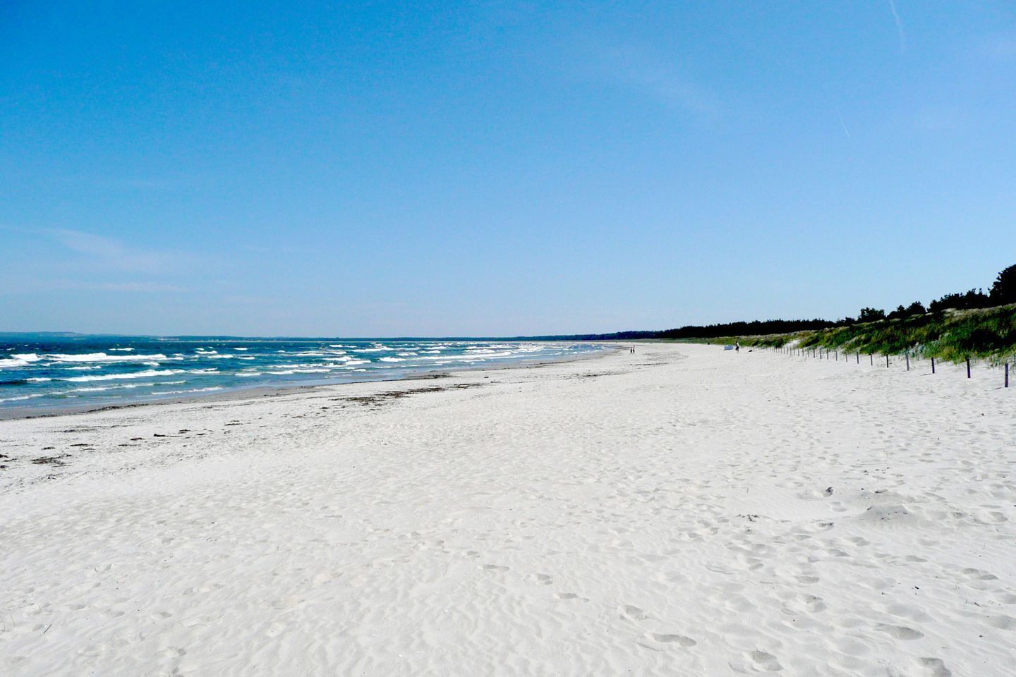 Ein weiter Sandstrand mit sanften Wellen, einem klaren Himmel und einer Vegetationslinie auf der rechten Seite.