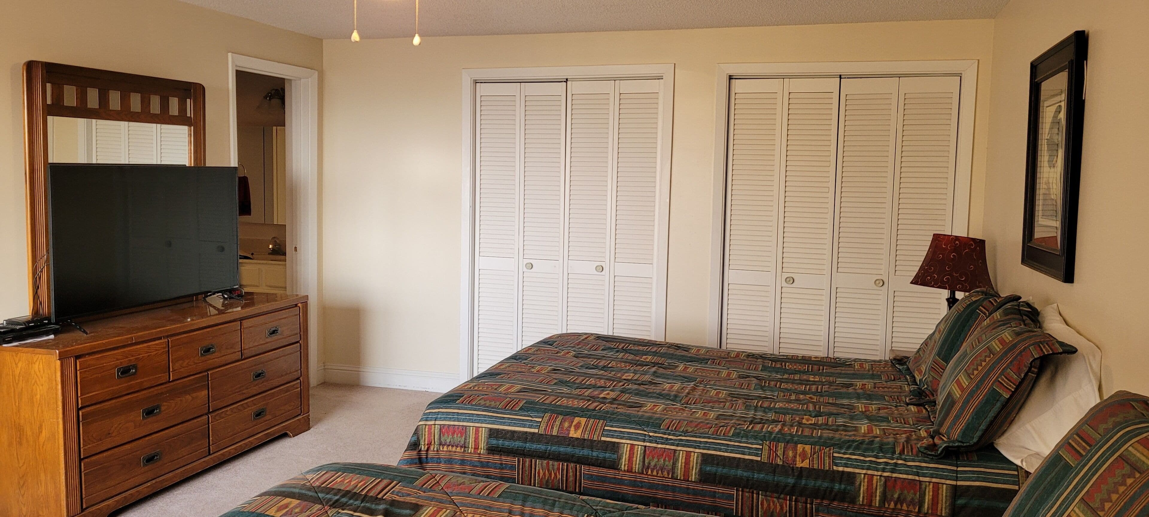 A bedroom with a bed, dresser, television, and two closets.