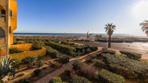 Un jardín ajardinado con senderos, palmeras y vistas al mar.