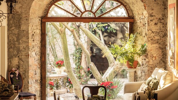 Un arco de entrada que da a un jardín con plantas en macetas y una silla blanca.