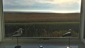 A window with a view of a field and two birds. - Hüs Thora Jaiken "App.Birthe" TJ/02 - Thora Jaiken (Sylt)