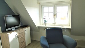 Une pièce avec un téléviseur posé sur un meuble en bois, une chaise bleue et une fenêtre avec une plante.