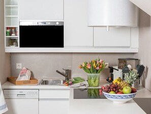 Réfrigérateur, micro-ondes, plaque de cuisson, lave-vaisselle
