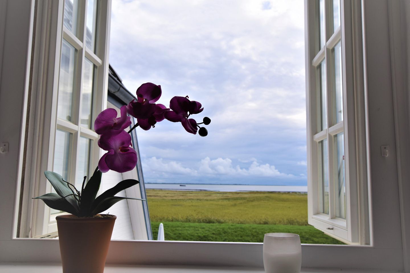 Ein Fenster mit Blick auf ein grasbewachsenes Feld und ein Gewässer, eine violette Orchideenpflanze und eine Kerze auf dem Fensterbrett.