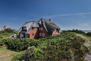 Une maison au toit de chaume, entourée d’une végétation luxuriante et sous un ciel dégagé.