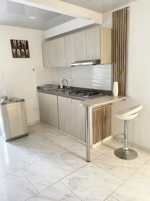 Fridge, oven, stovetop, coffee/tea maker