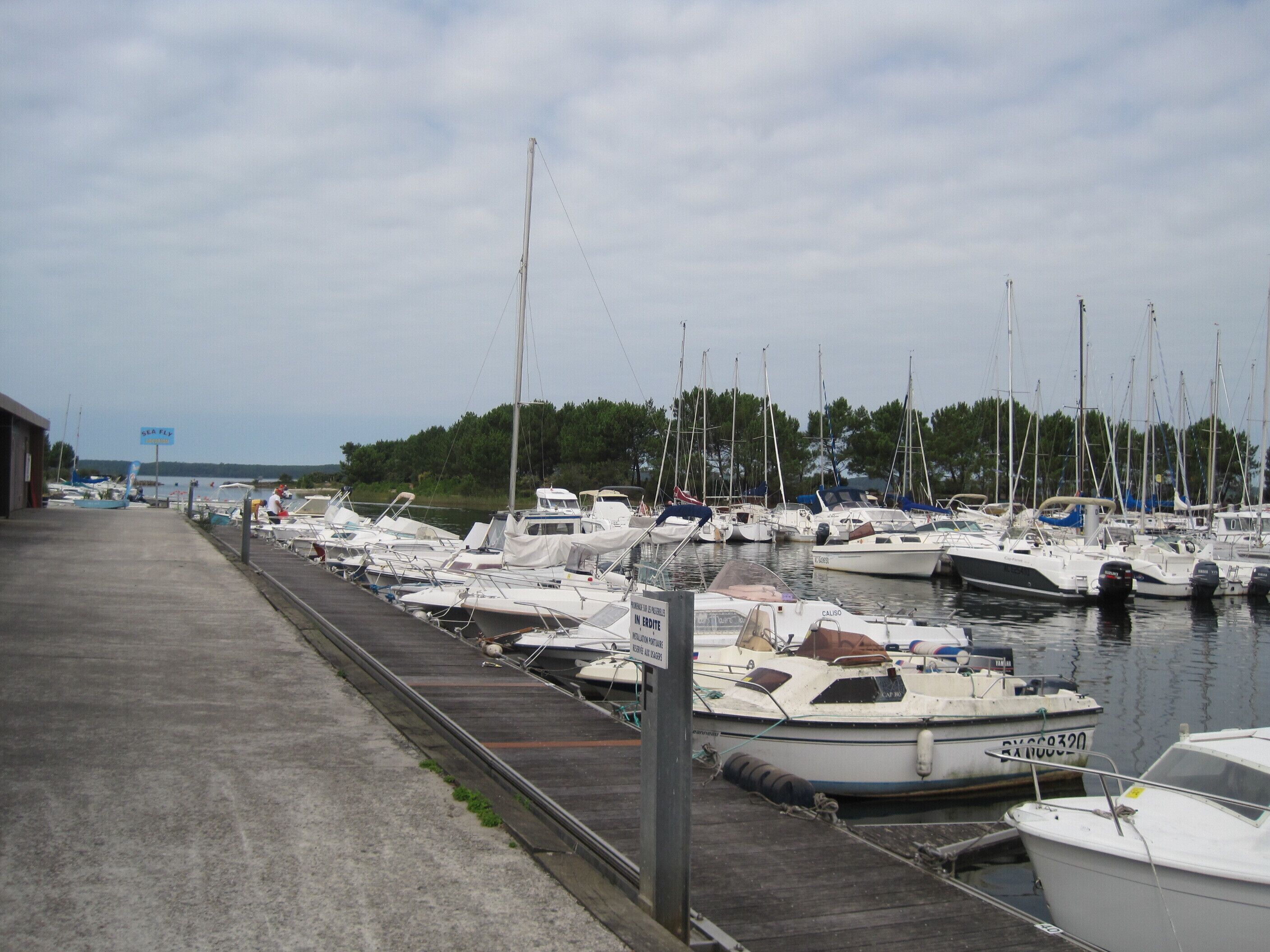 A marina with multiple boats docked along a concrete quay.