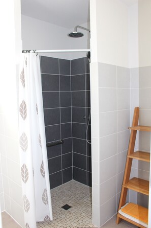 Douche, séchoir à cheveux, serviettes fournies, savon