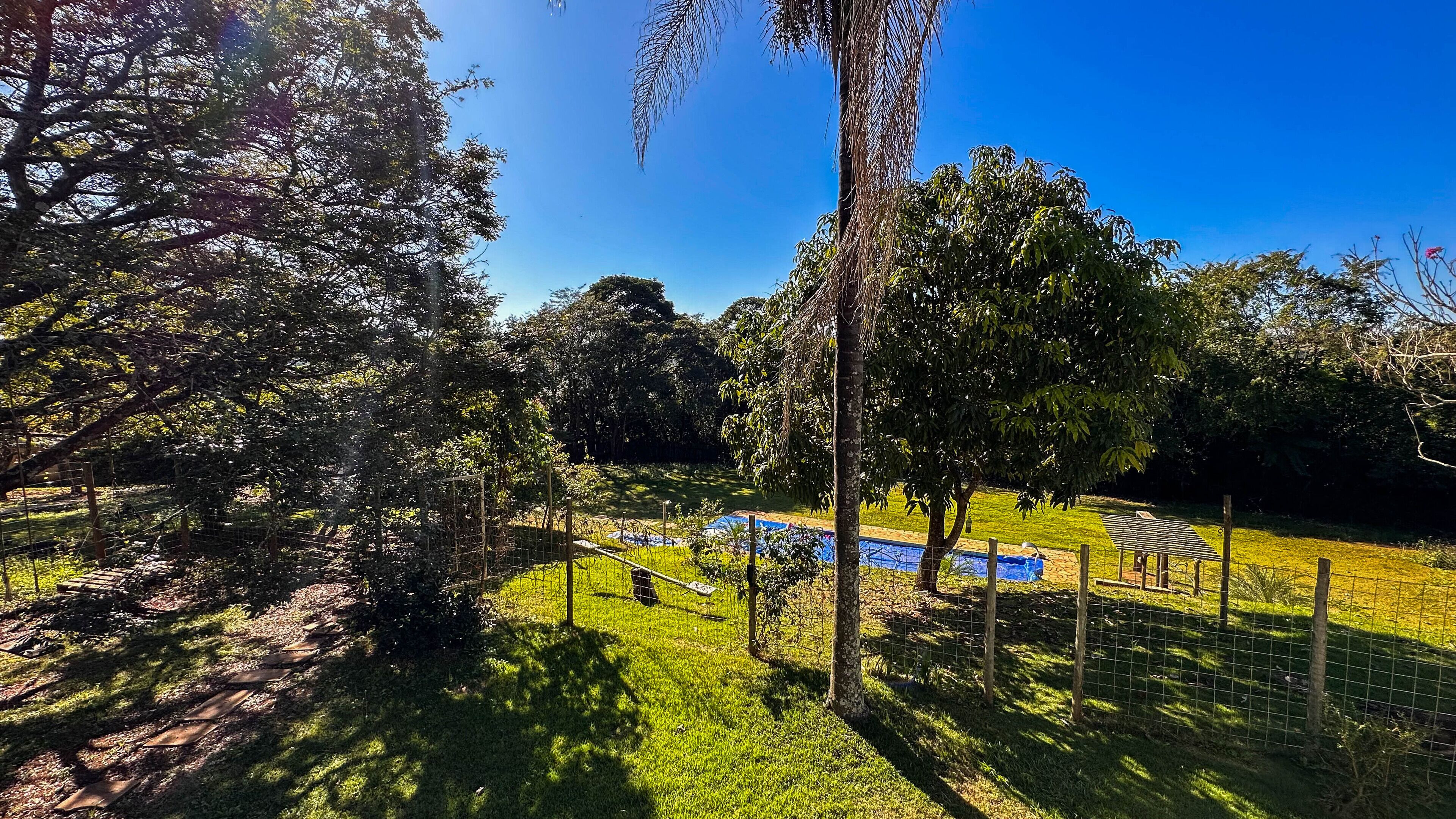 A fenced outdoor area with a pool and trees.