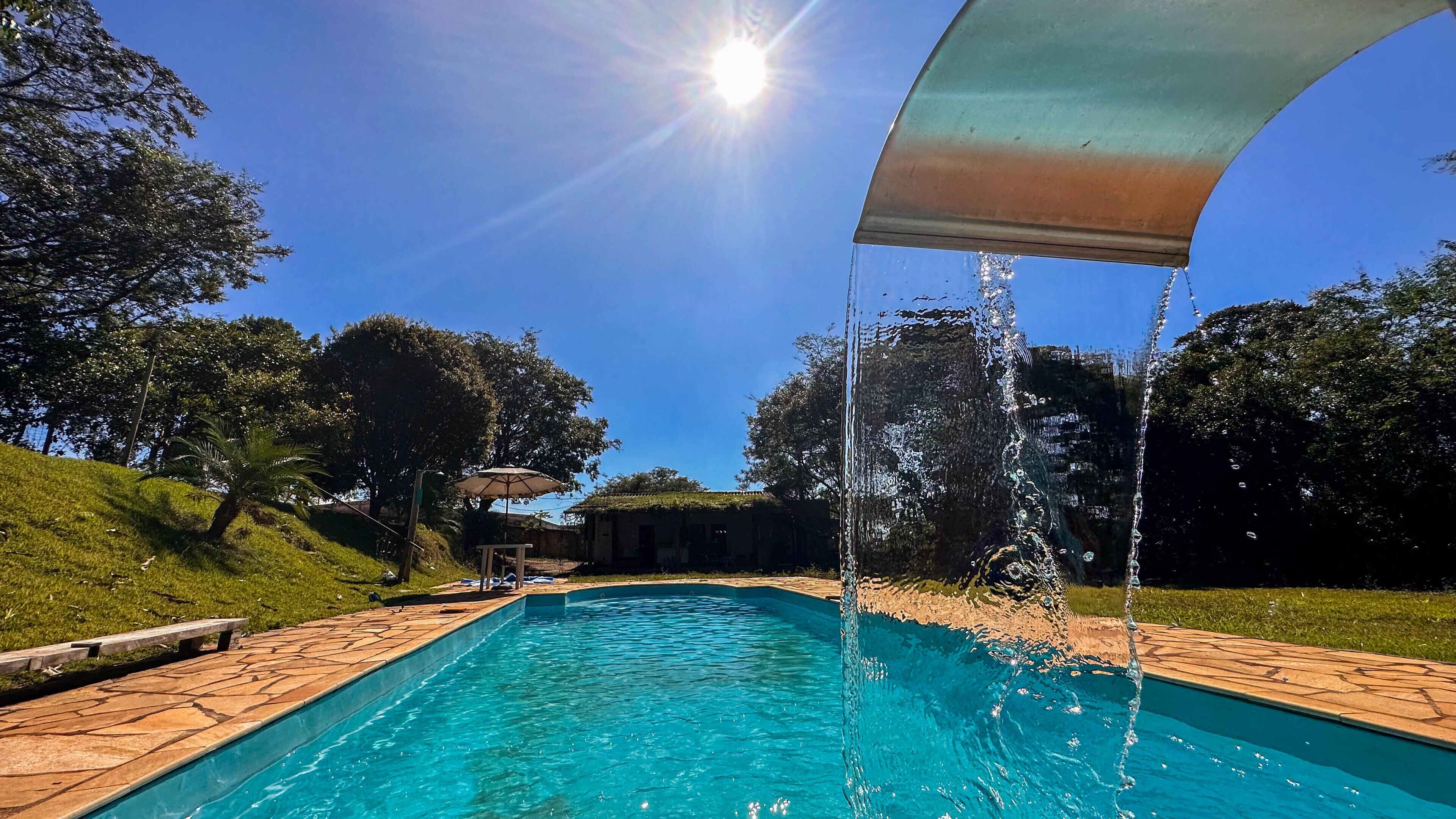 Outdoor pool, pool umbrellas, pool loungers