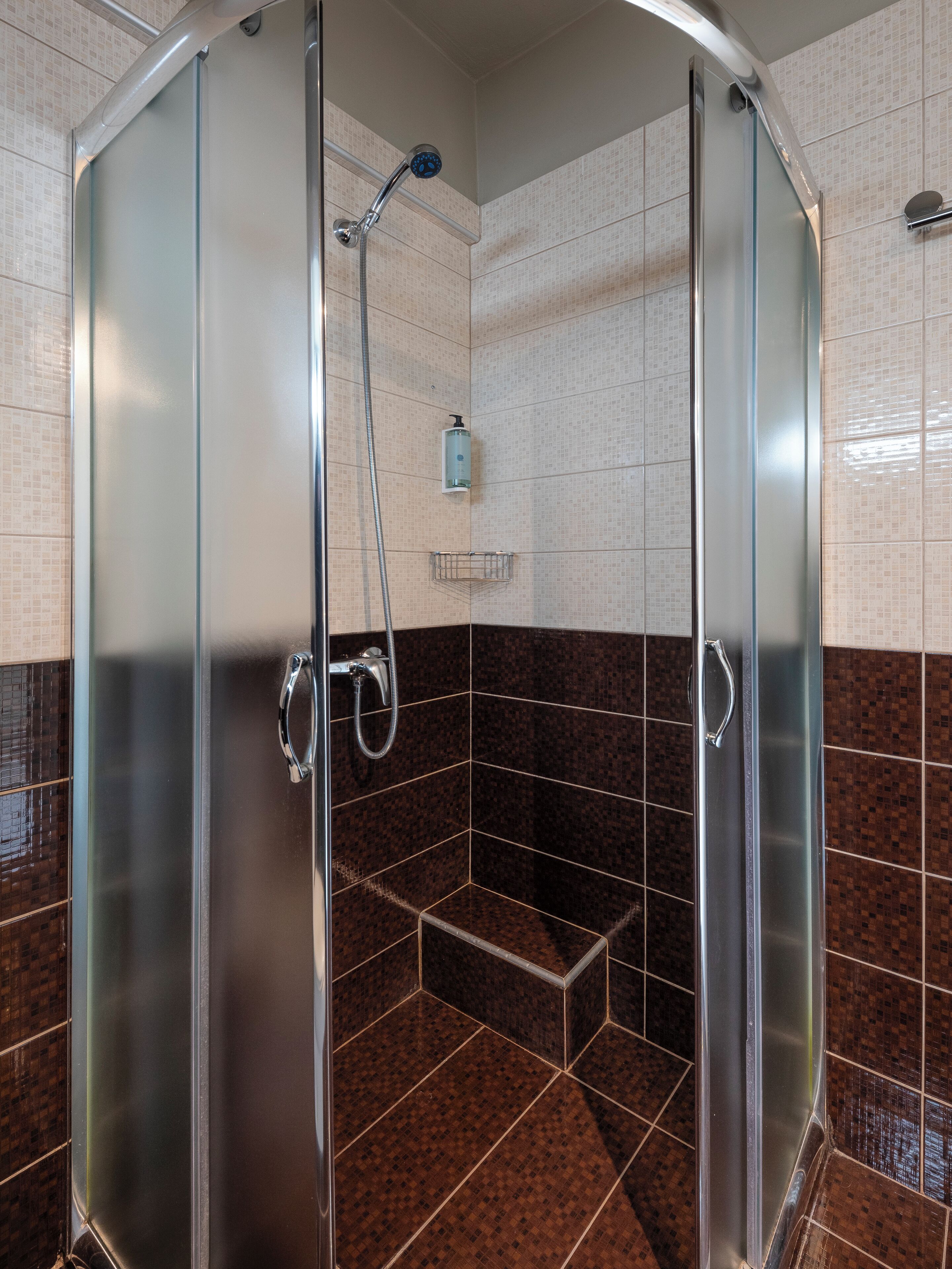 A shower with a glass door, a handheld showerhead, and a soap dispenser.