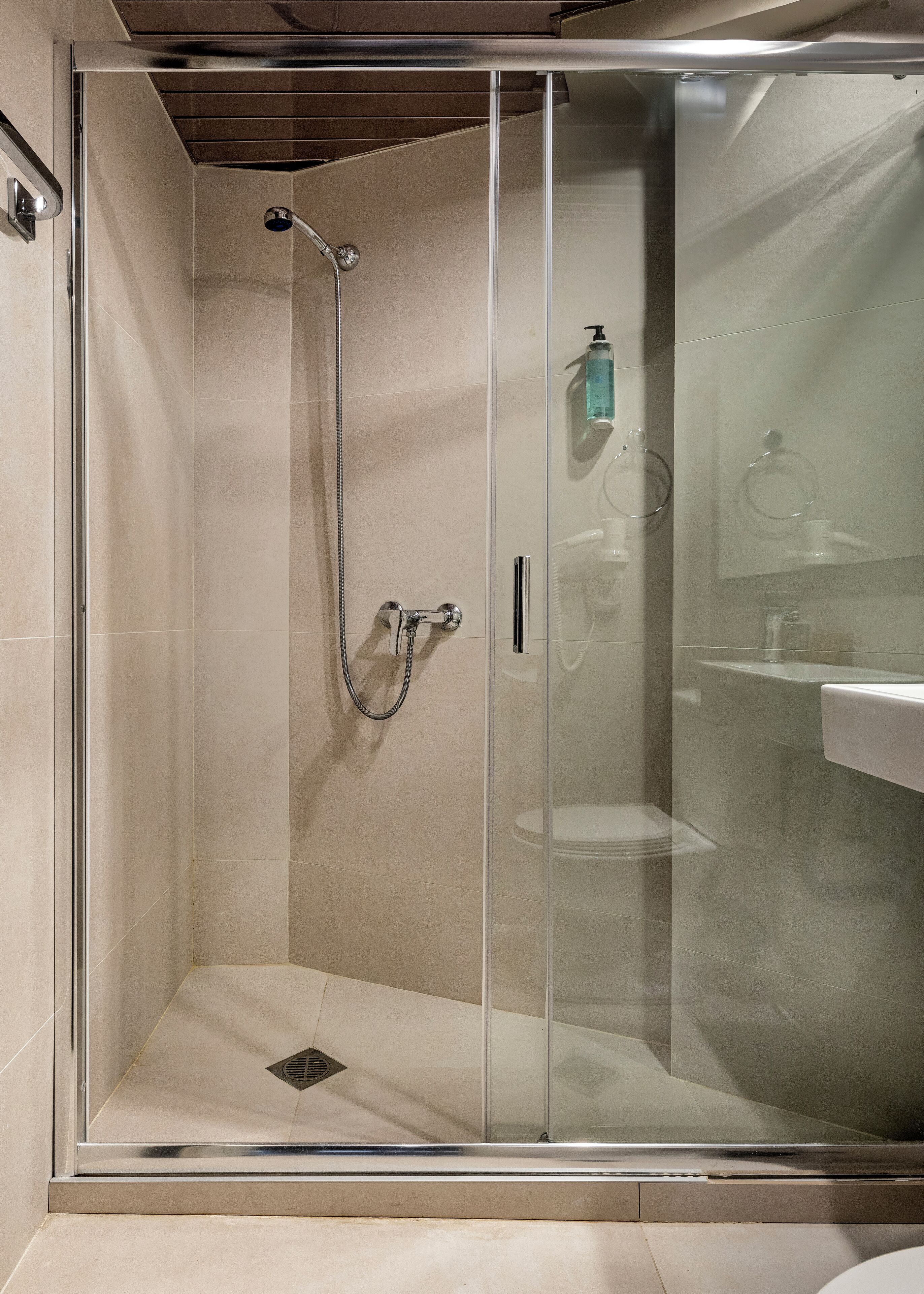 Ducha envuelta en vidrio con cabezal de ducha de mano, puerta de vidrio y un inodoro visible en el baño contiguo.