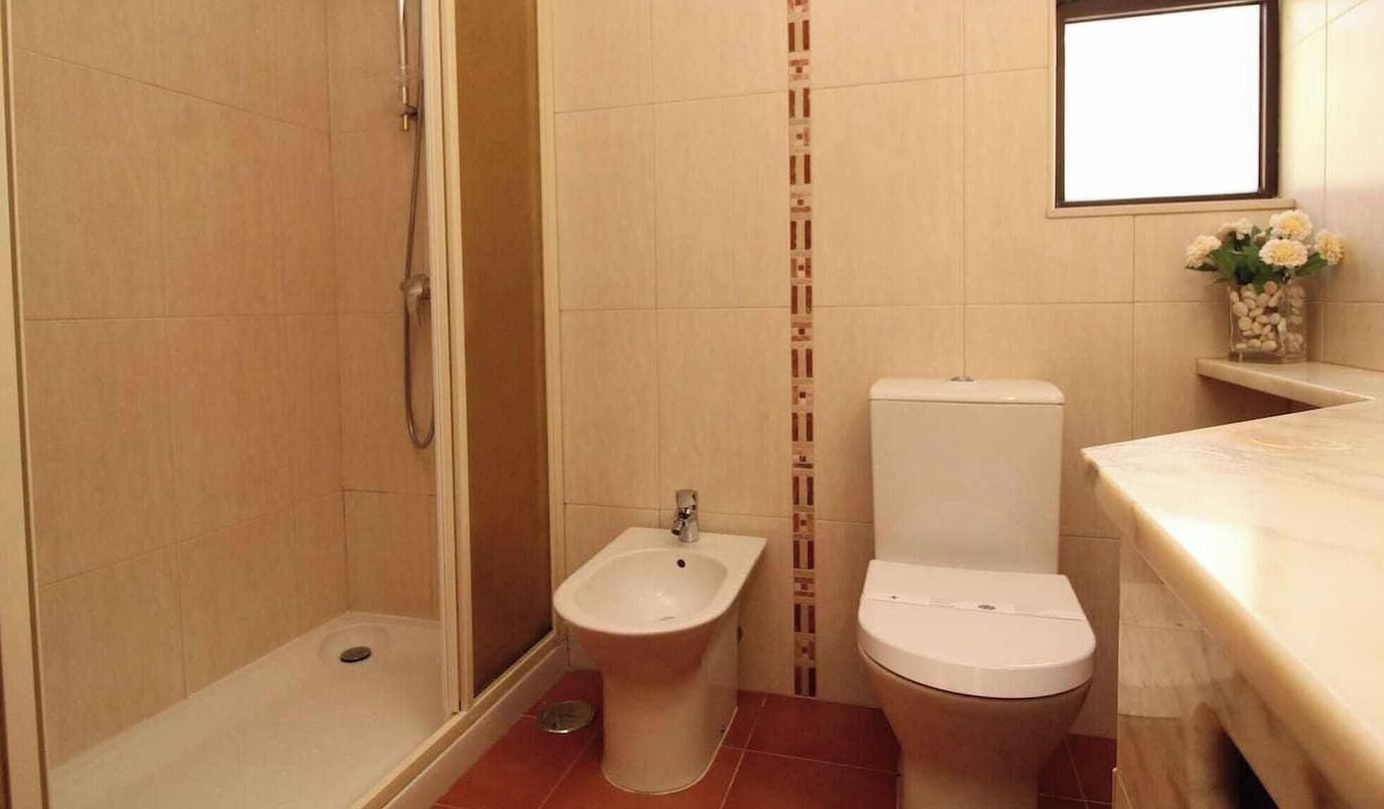 Bany amb dutxa, vàter, retret i superfície de marbre.