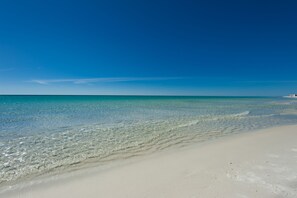 On the beach, sun loungers
