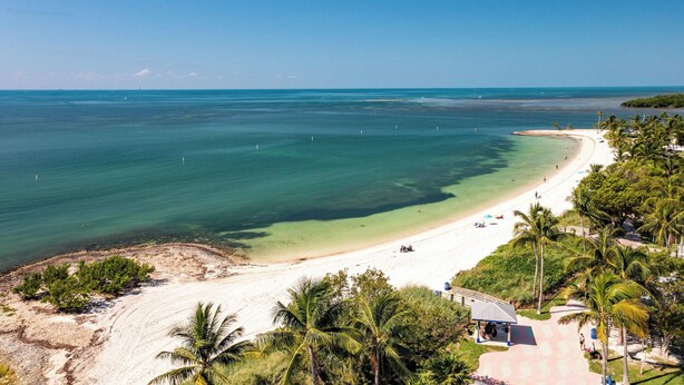 A beach with clear turquoise waters, a sandy shore, and palm trees. - Marathon FL Waterfront Home | 30ft Dock (Marathon)