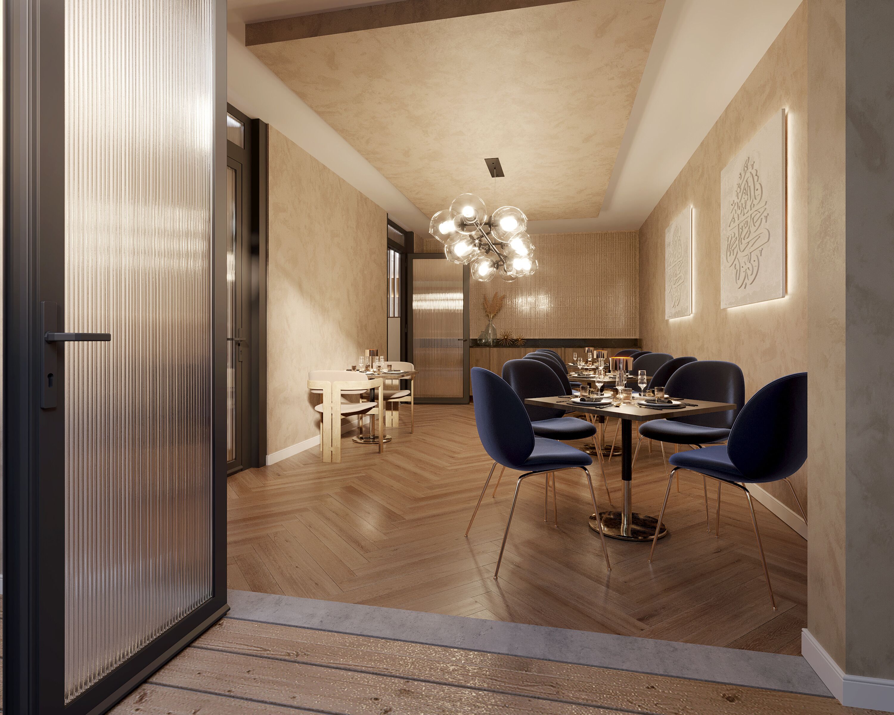 A modern dining area with a wooden floor, a round table set for six, and blue chairs.