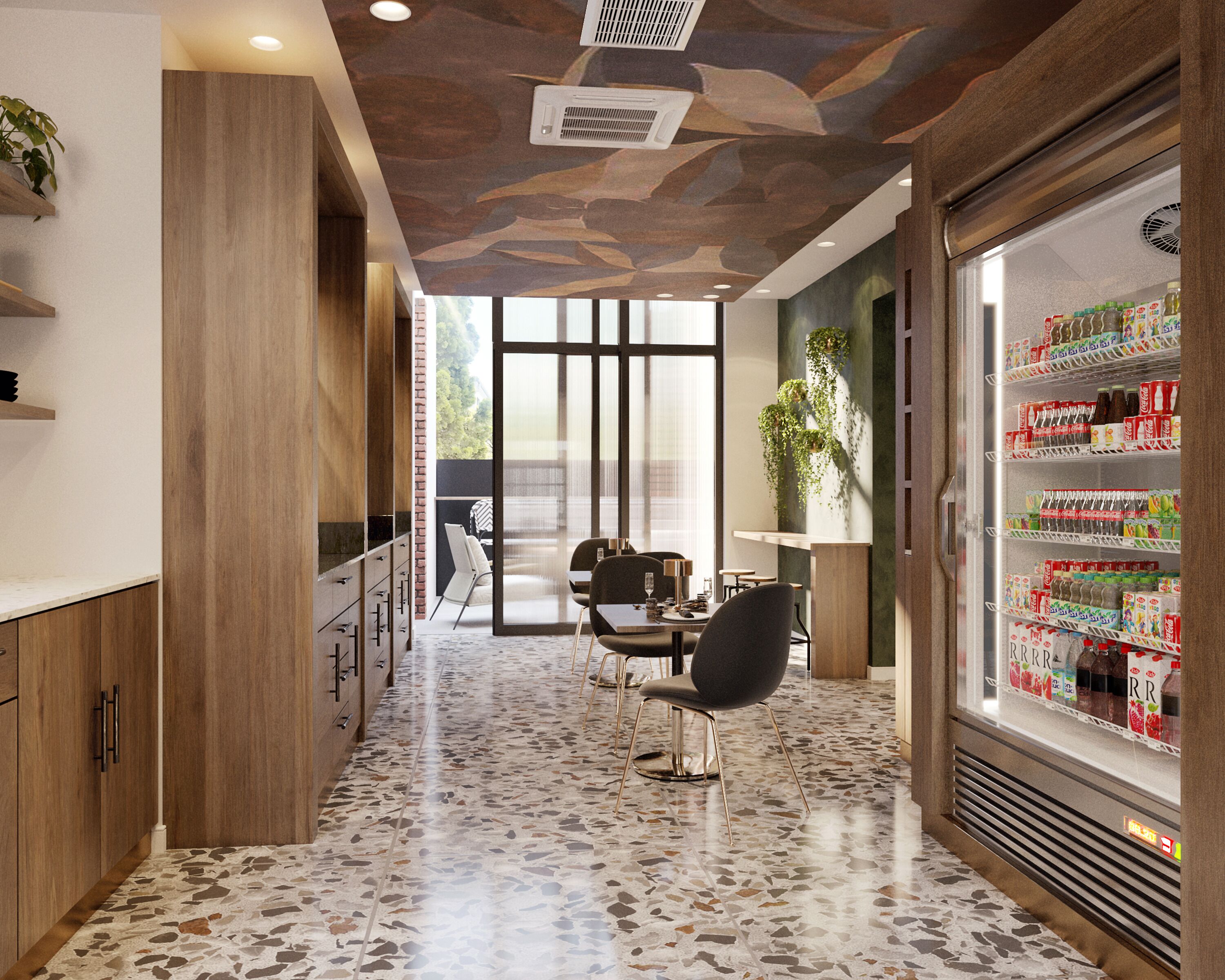 A modern interior with a terrazzo floor, wooden cabinets, and a glass-fronted beverage refrigerator.