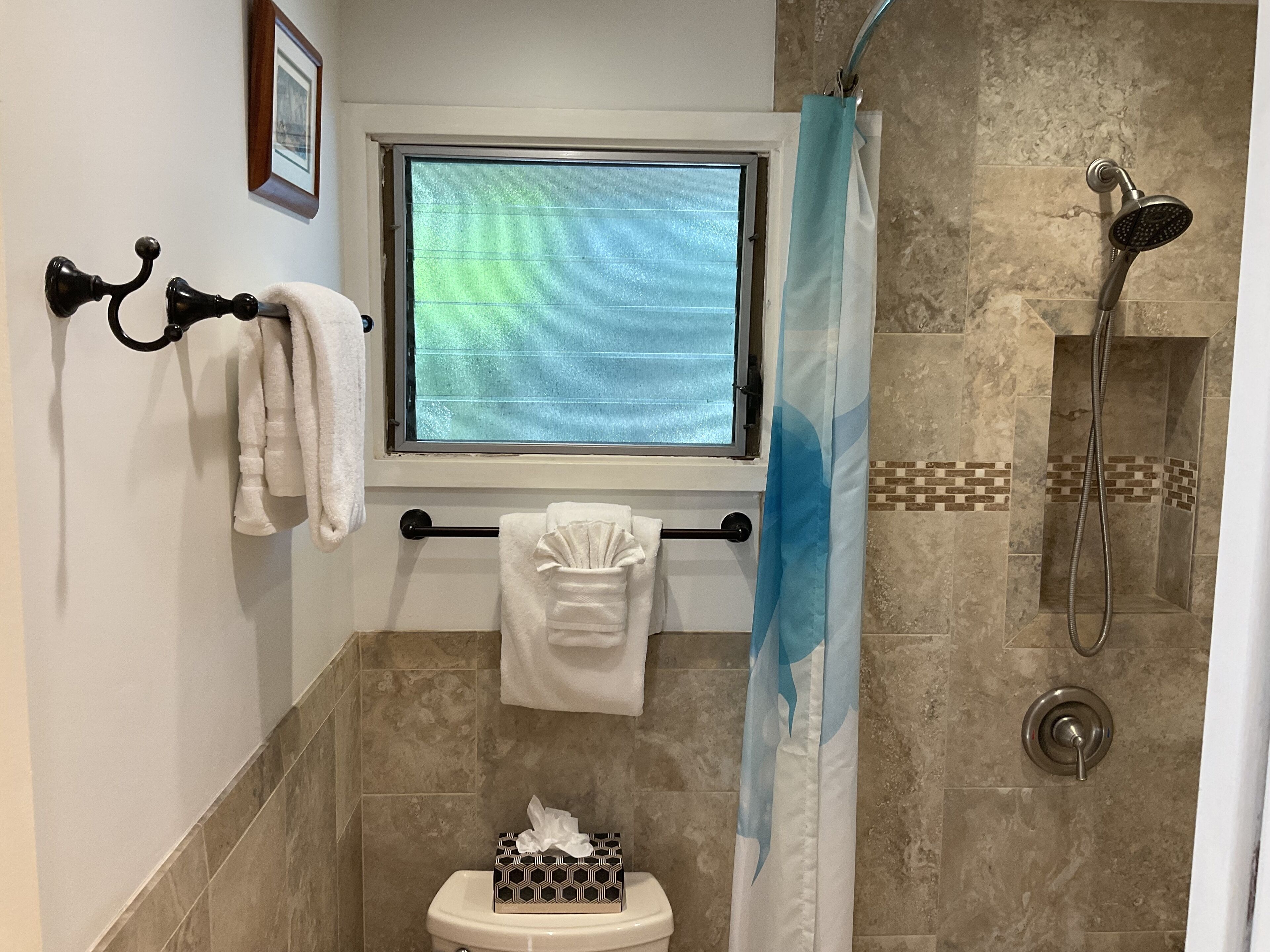 Shower, hair dryer, towels, soap