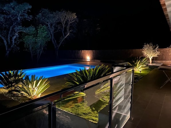 A nighttime view of a swimming pool with surrounding landscaping and a wooden fence.