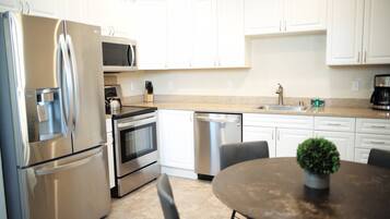 Economy Apartment | Private kitchen | Full-sized fridge, microwave, oven, stovetop