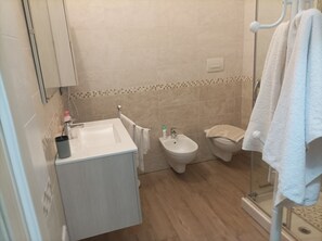 Douche, bidet, serviettes fournies, savon