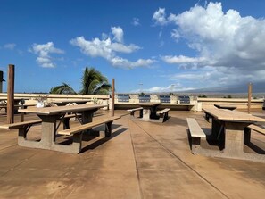 Enjoy al fresco dining and barbecues in this outdoor patio area with picnic tables and grills.