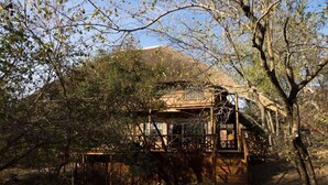 Une structure rustique en bois, dotée d’un escalier menant à une plateforme, entourée d’arbres et avec une montagne en arrière-plan.