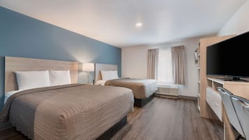 Desk, laptop workspace, blackout curtains, free WiFi