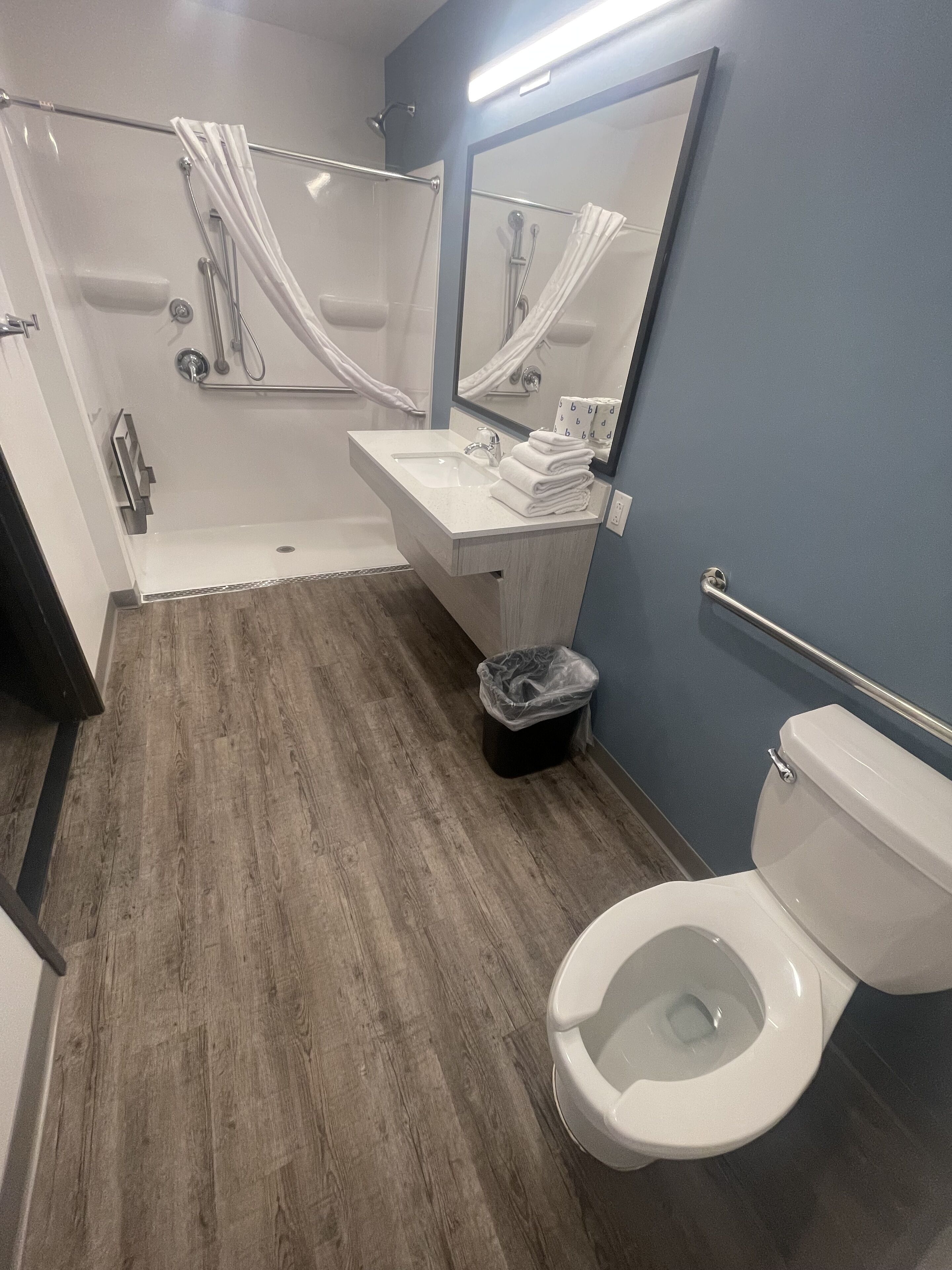 A modern bathroom with a shower, toilet, and sink.