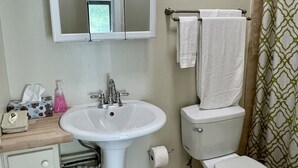Ein Badezimmer mit weißem Waschbecken, einem Spiegel, einer Toilette und einer Duschkabine.