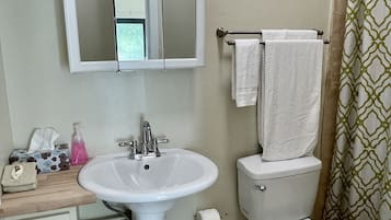 Dusch, hårtork, handdukar och tvål