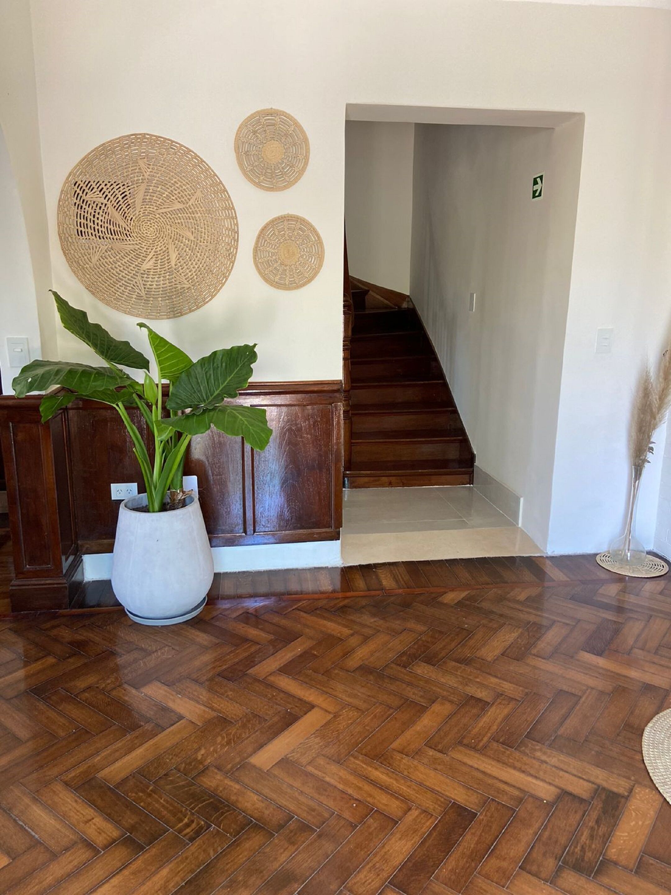 Un pasillo con piso de madera, una planta en maceta y tres adornos tejidos en las paredes.