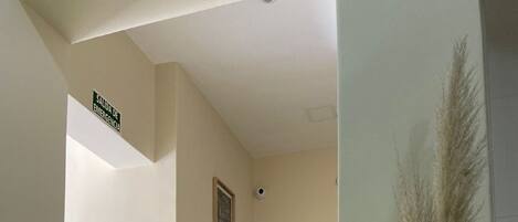 A hallway with a 'SALIDA DE EMERGENCIA' sign, wicker baskets, a potted plant, and pampas grass.