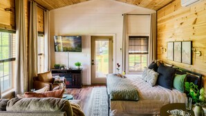 A cozy room with a bed, a sofa, a desk, and a TV.