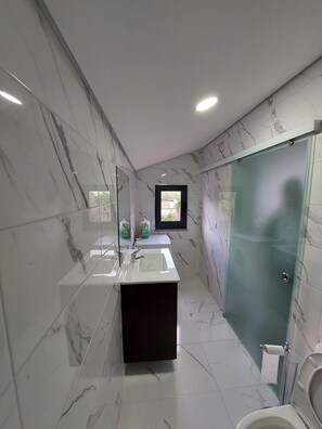 Shower, hair dryer, towels, soap