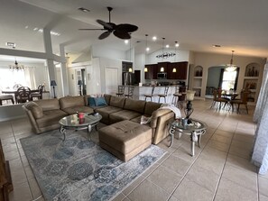 TV a schermo piatto, caminetto, lettore DVD, libri