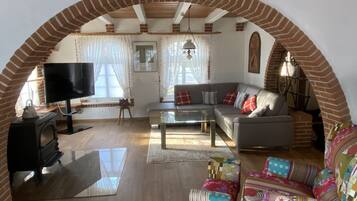 Smart TV, fireplace, books, stereo