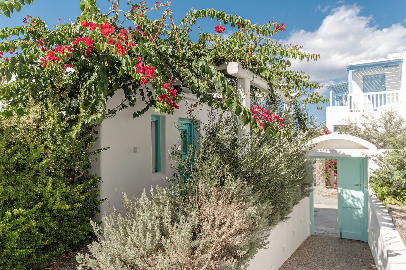Un edificio blanco con puerta y ventanas verdes, rodeado de abundante vegetación y flores rojas.