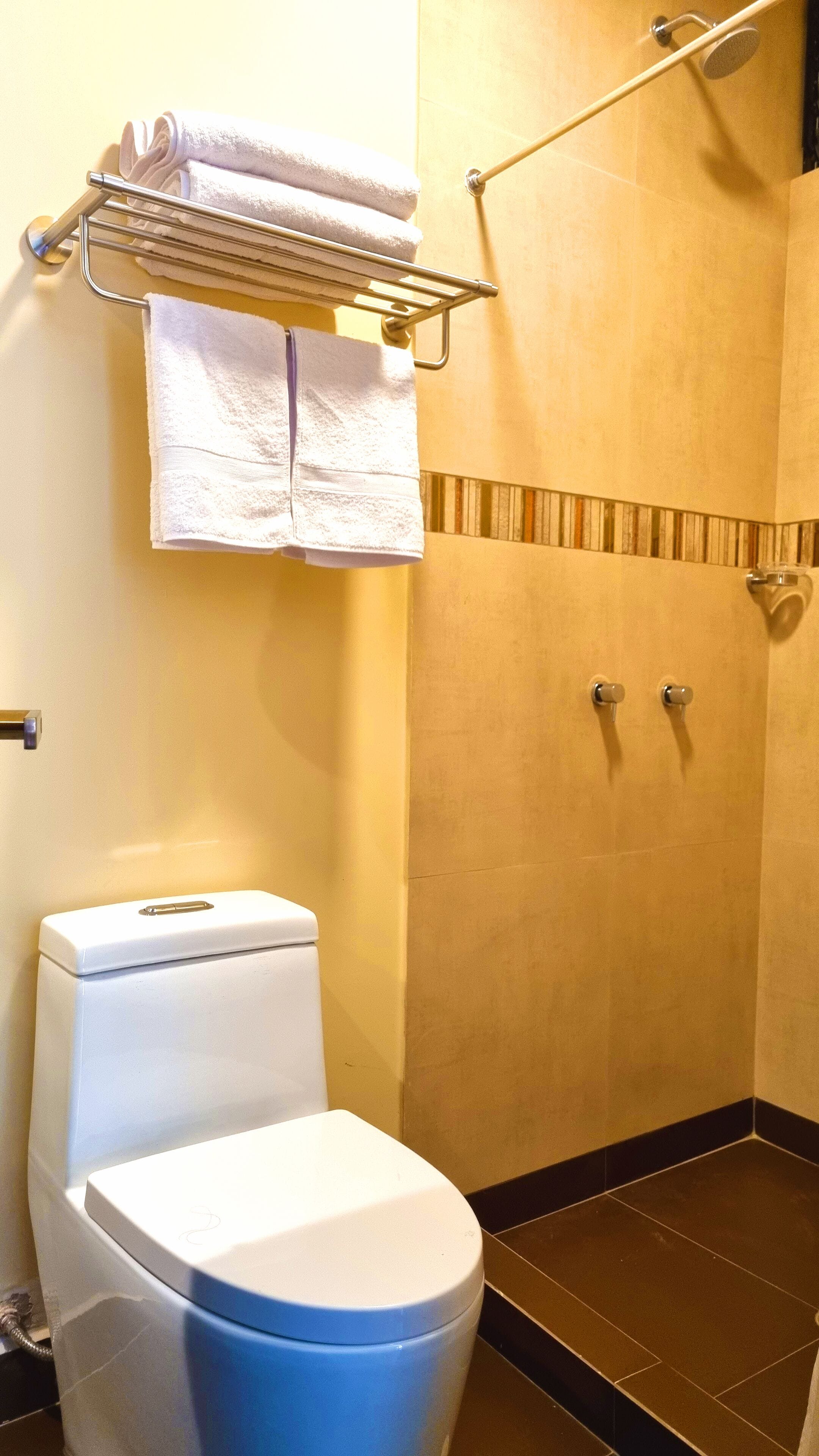 shower, rainfall showerhead, hair dryer, towels