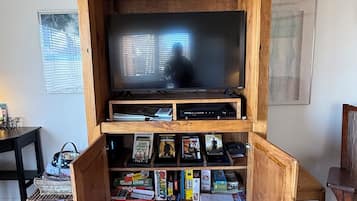 Smart TV, fireplace, DVD player, books