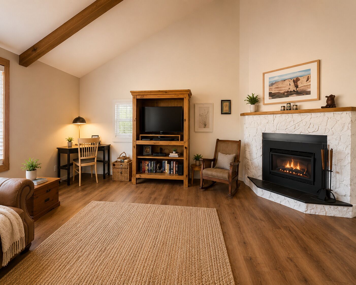 Smart TV, fireplace, DVD player, books
