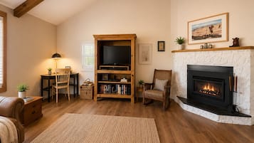 Smart TV, fireplace, DVD player, books