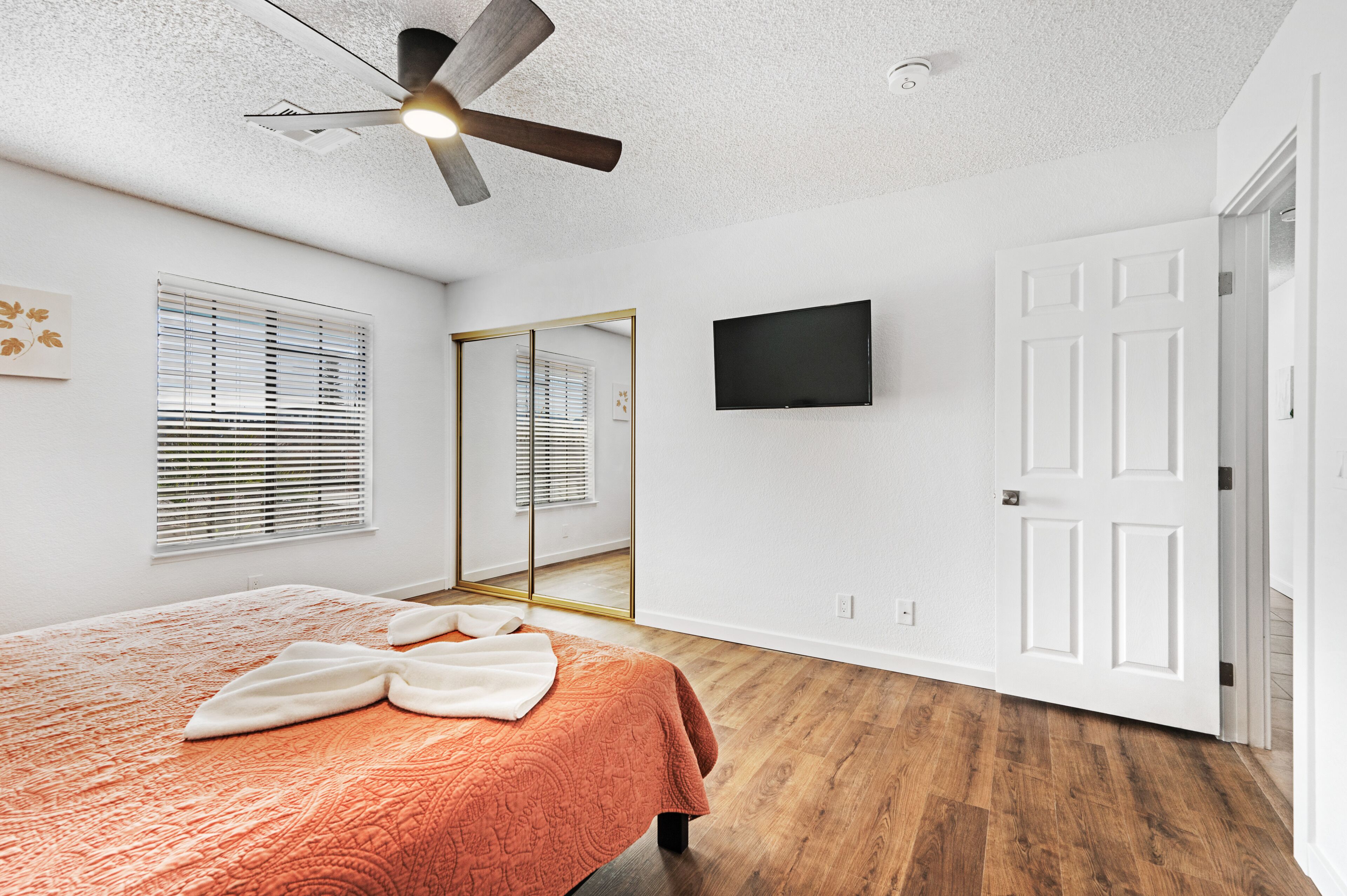 A bedroom with a bed, a ceiling fan, a TV, a mirror, and a door.